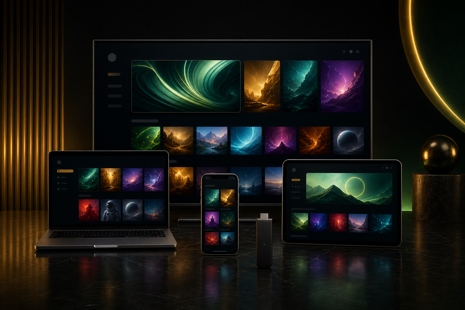 Smart TV, Laptop, Smartphone, Tablet und Streaming-Stick mit abstrakten IPTV Oberflaechen