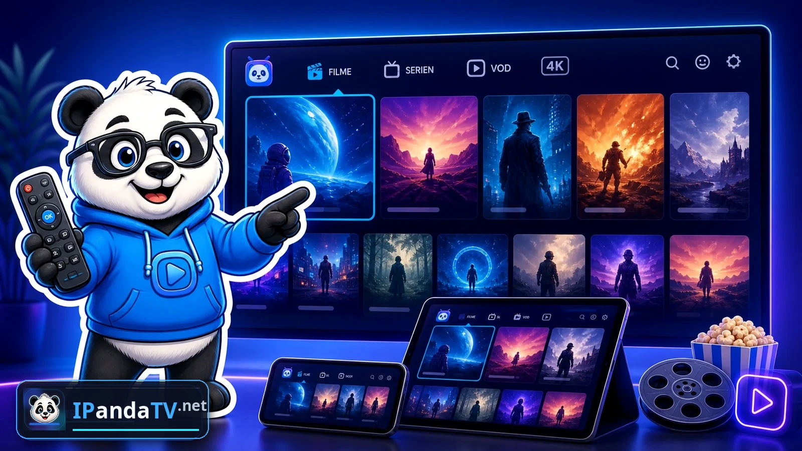 IPandaTV mascot in front of a movie and series interface without third-party logos
