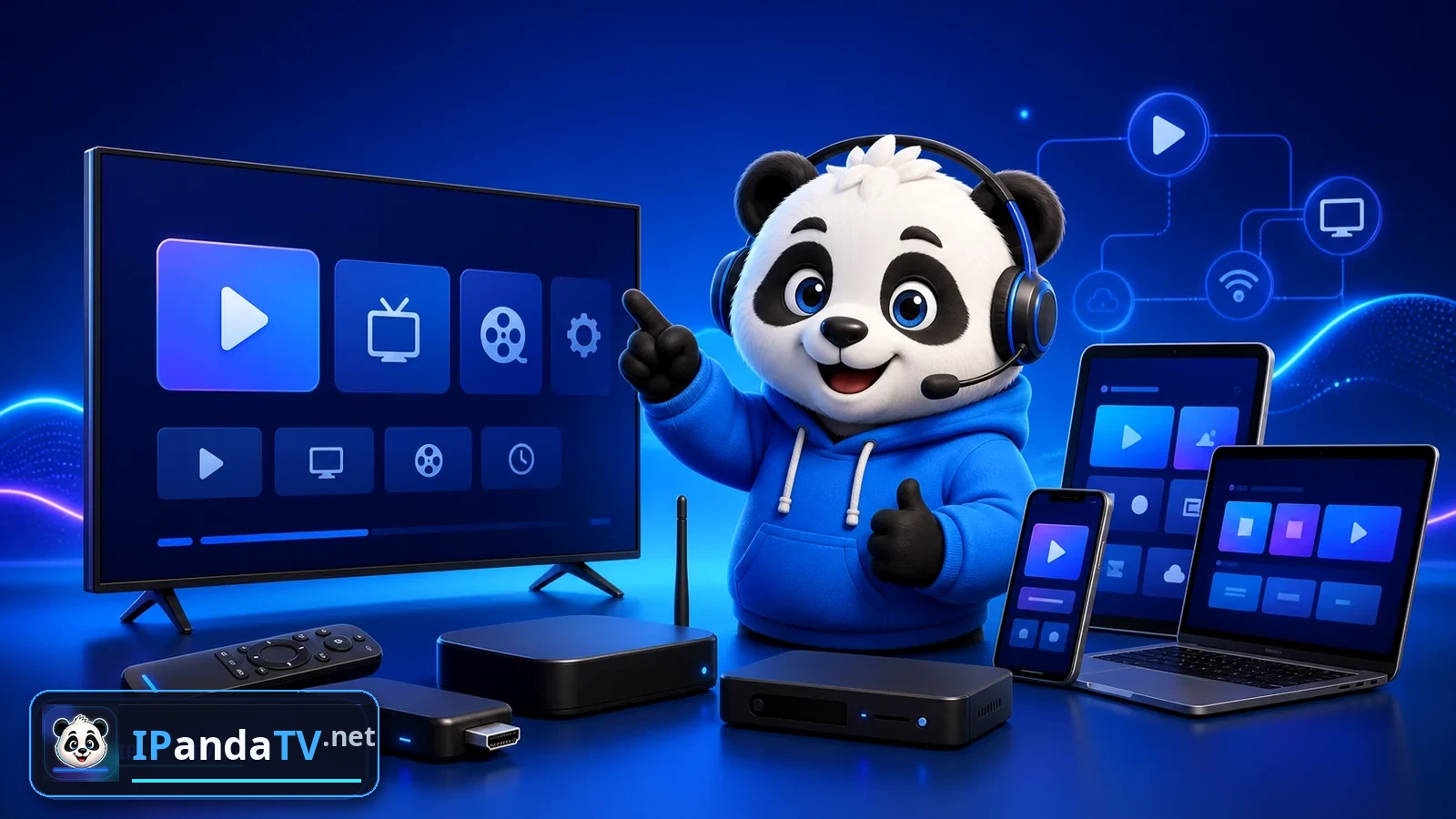 IPandaTV mascot mit Smart TV Firestick Android und Laptop Setup