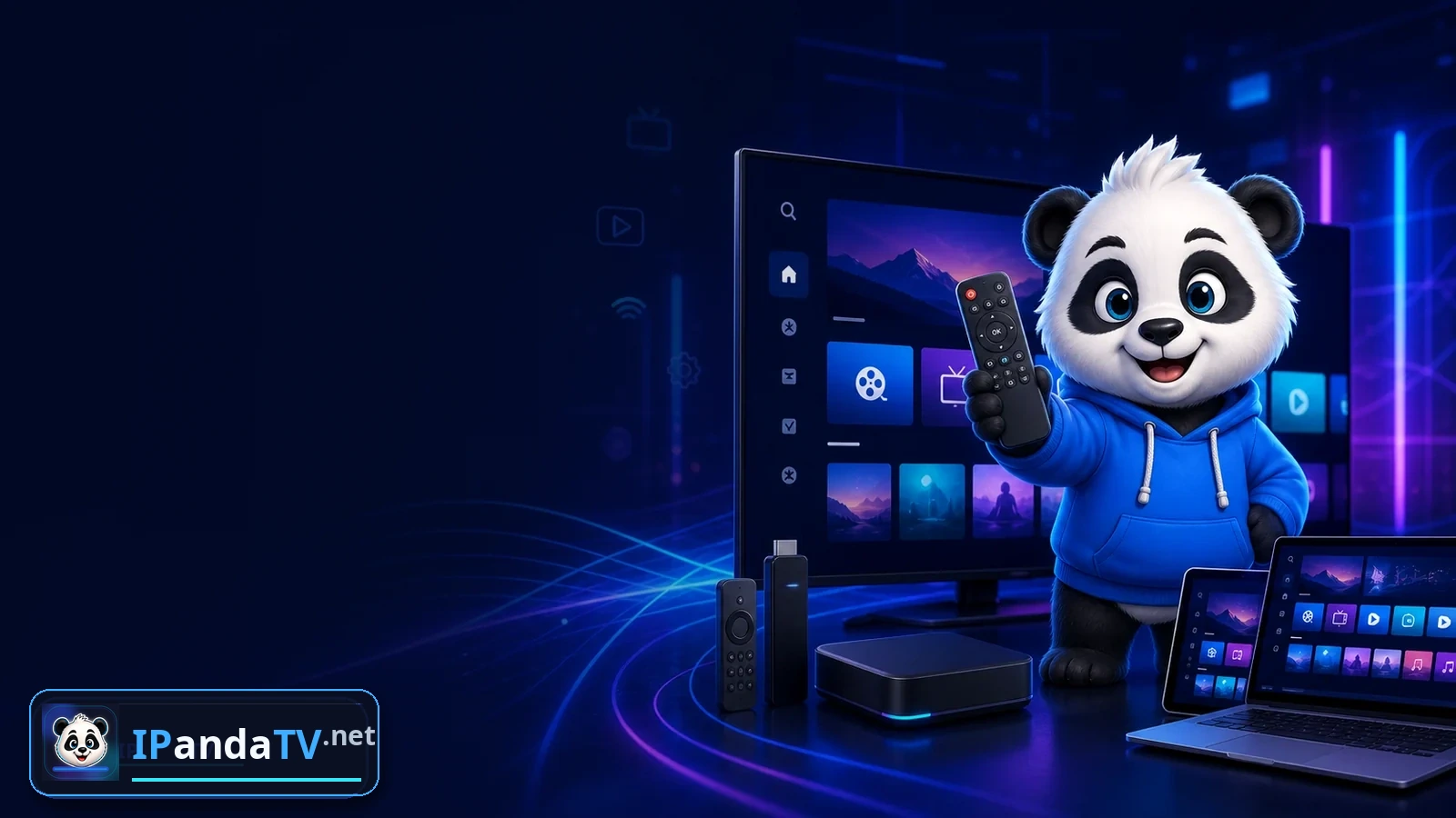 IPandaTV mascot with IPTV setup devices