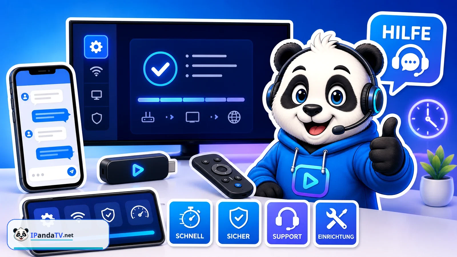 IPandaTV mascot with headset, smartphone chat and setup devices