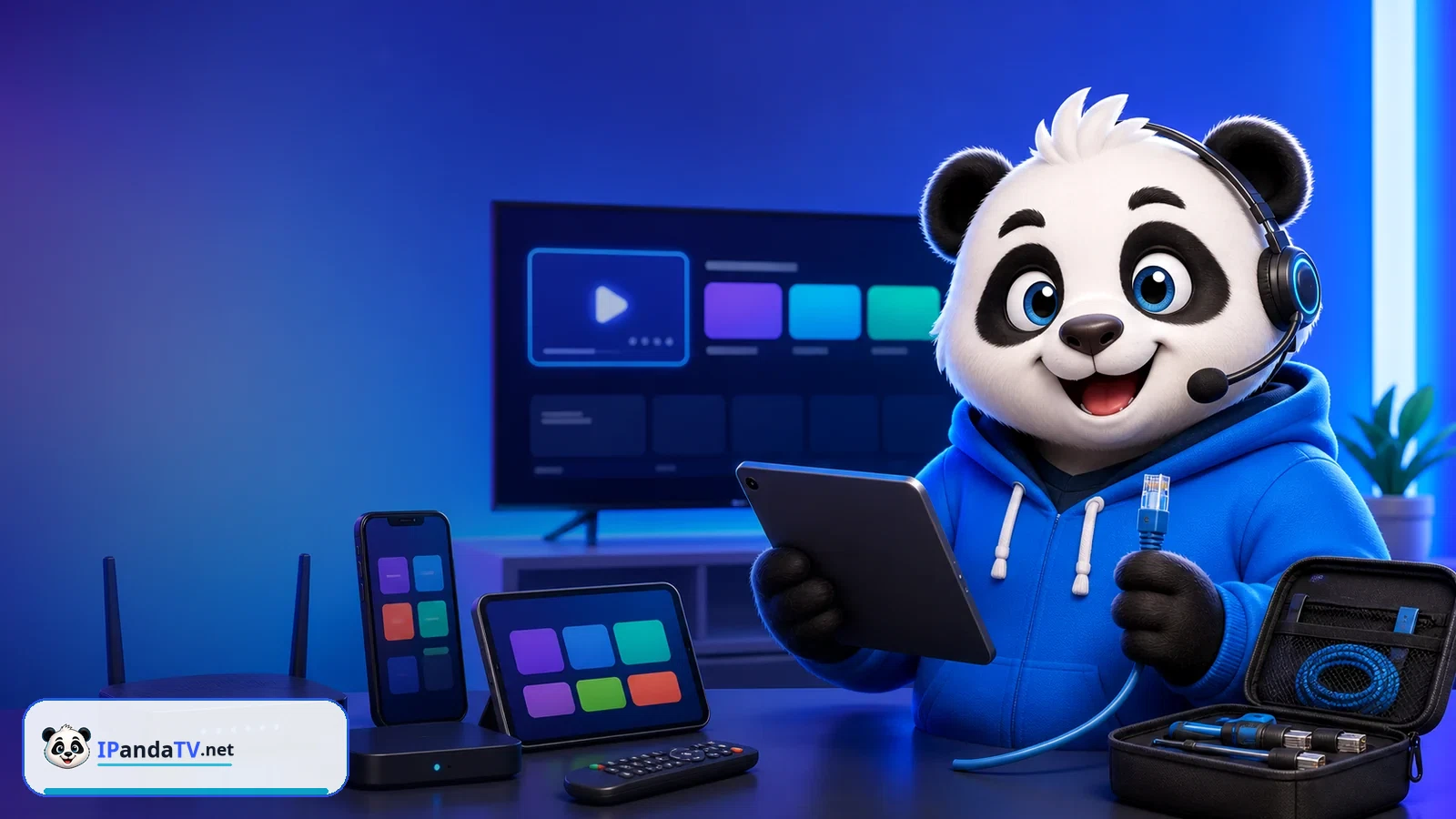 IPandaTV mascot explains IPTV installation on smart TV and apps